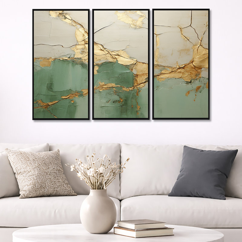 «Green Gold Minimalisme Poteries», ensemble d'art sur toile à spirales abstraites, H 32 po x l 48 po, Cadre flottant noir