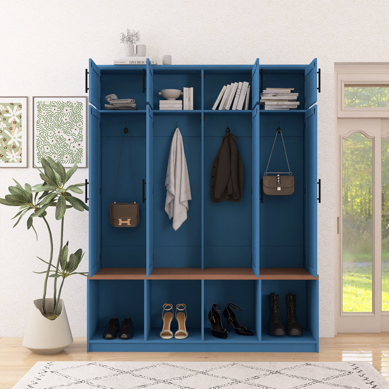 Armoire à chaussures Farmhouse 4 en 1, noyer, 4 crochets cachés, 8 portes, armoire à chaussures à compartiment ouvert, Bleu