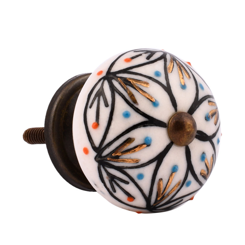 White/Black/Gold Flower Ceramic Knob