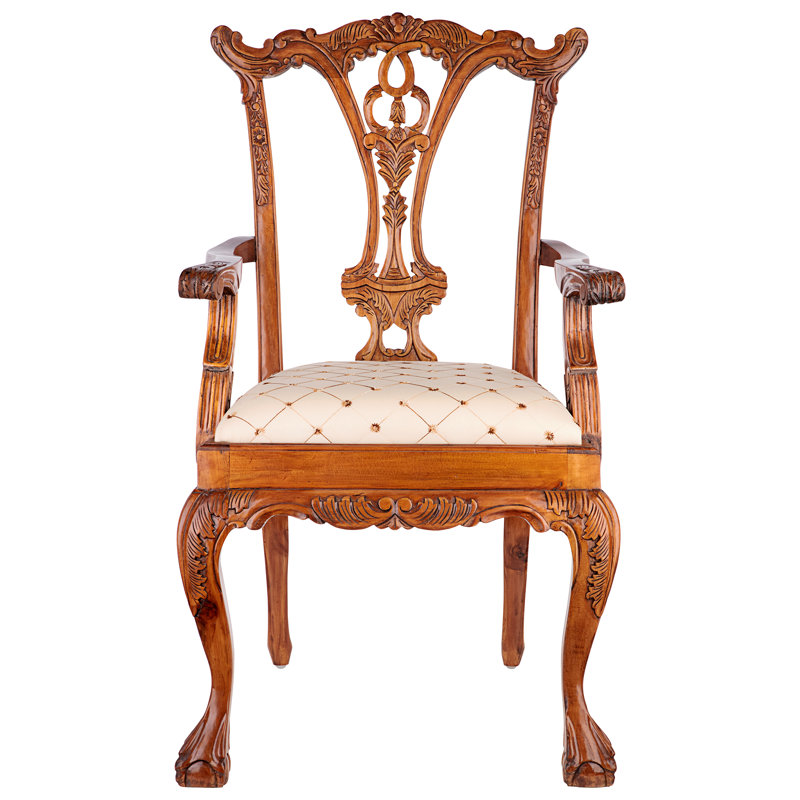 Handcrafted Mahogany English Chippendale Armchair in Blue and Gold