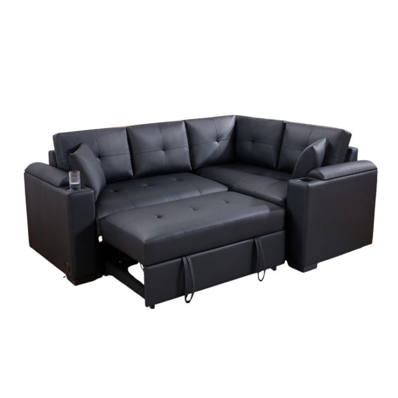Nov Sectional Sleeper Sofa, 2 Pillows, USB Charger, Black Faux Leather