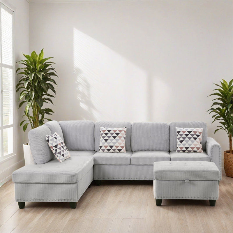 Canapé modulaire 3 pièces rembourré, Velours côtelé gris pâle