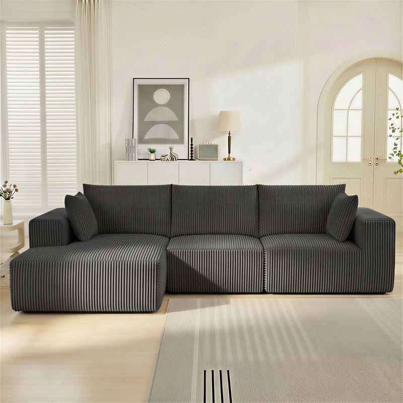 Canapé modulaire modulaire avec assise profonde, canapé en L moderne en velours côtelé, GRIS, pour un salon polyvalent