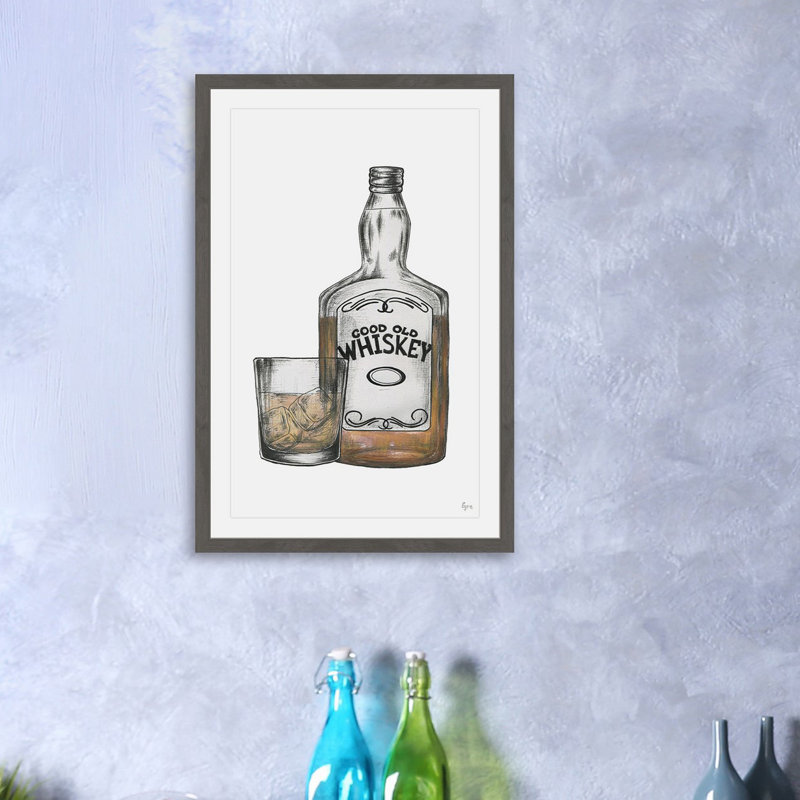 « good old whiskey », reproduction de dessin encadrée, H 36 po x l 24 po x P 1,5 po