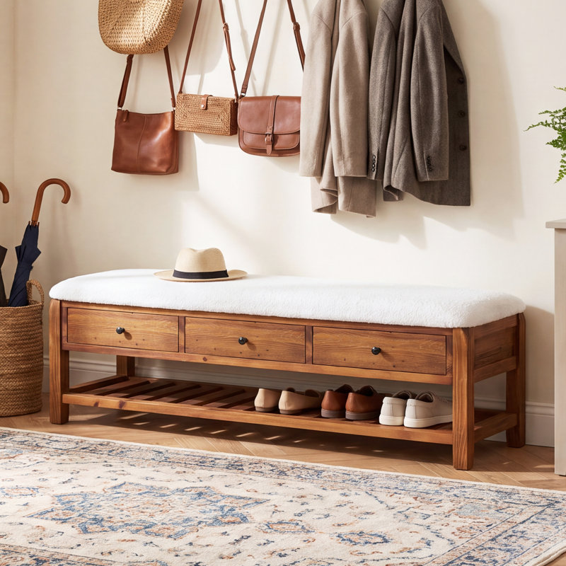 Banc de 55 po en bois massif avec tiroirs, étagère à coussins et à chaussures, banc à chaussures rembourré, banc de rangement de ferme pour vestibule, chambre à coucher, vestibule