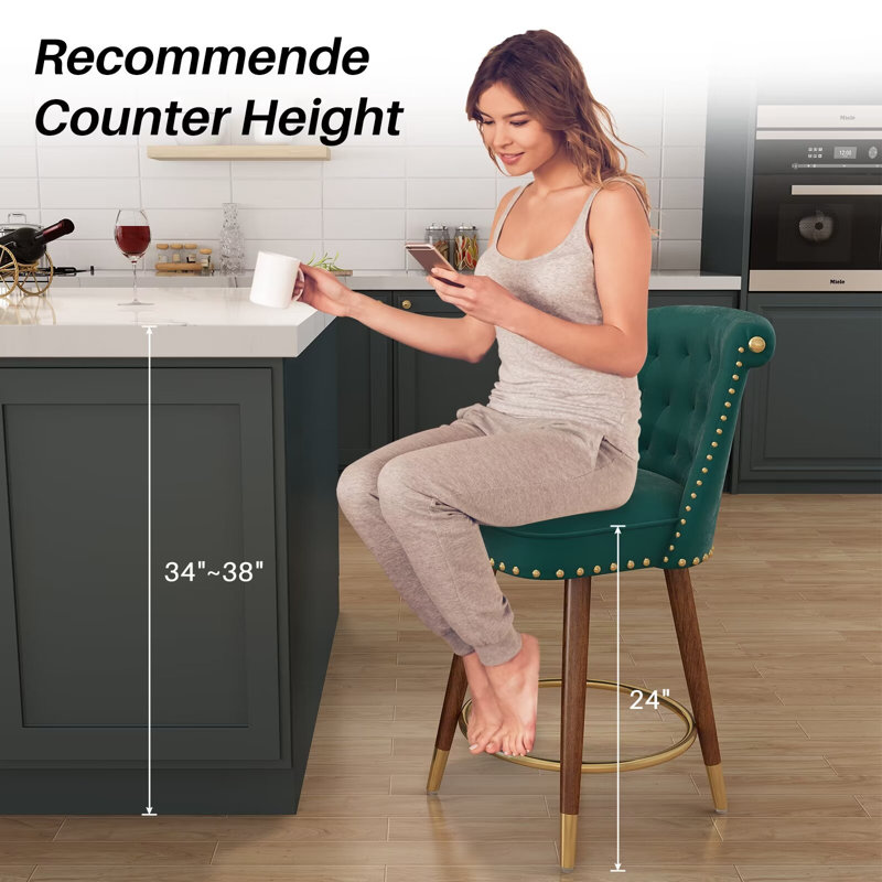 Swivel 24.00'' Counter Stool, Counter Height Bar Stools, 360°Swivel Upholstered Barstools with Back and Footrest for Kitchen Island, Solid Wood Legs