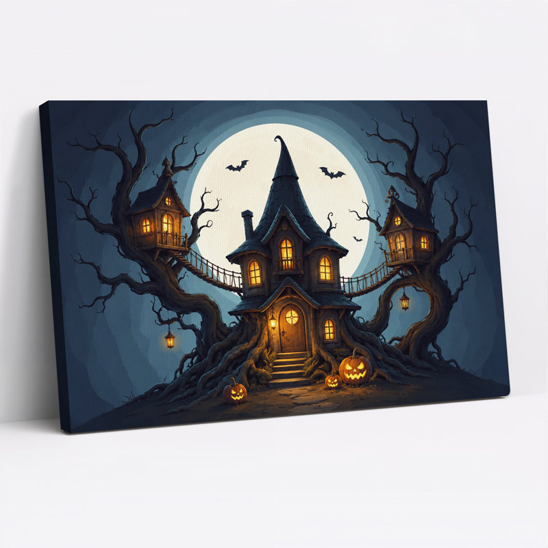 «Spooky House with Glowing Windows And Pumpkins», art mural sur toile, H 36 po x l 48 po