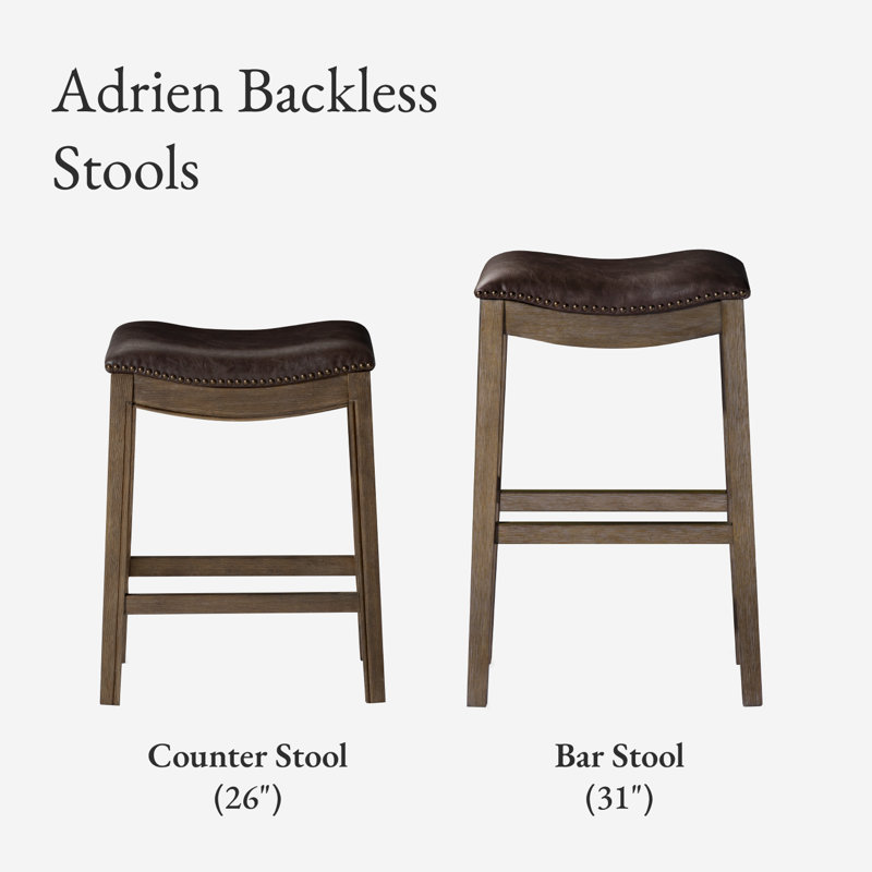 Maven Lane Adrien Backless Saddle Stool with Faux Leather Upholstery, Counter Stool (26" Seat Height), Marksman Saddle/Walnut
