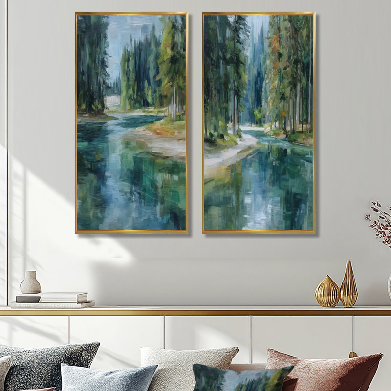 «Pine Trees Fraser River Calming Current - River», art mural sur toile 2 pièces, H 32 po x l 32 po, Cadre flottant doré