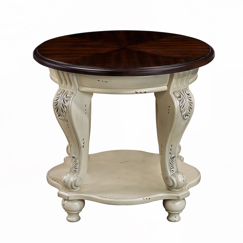 Solid Wood Round End Table with Shelf, Beige/Espresso