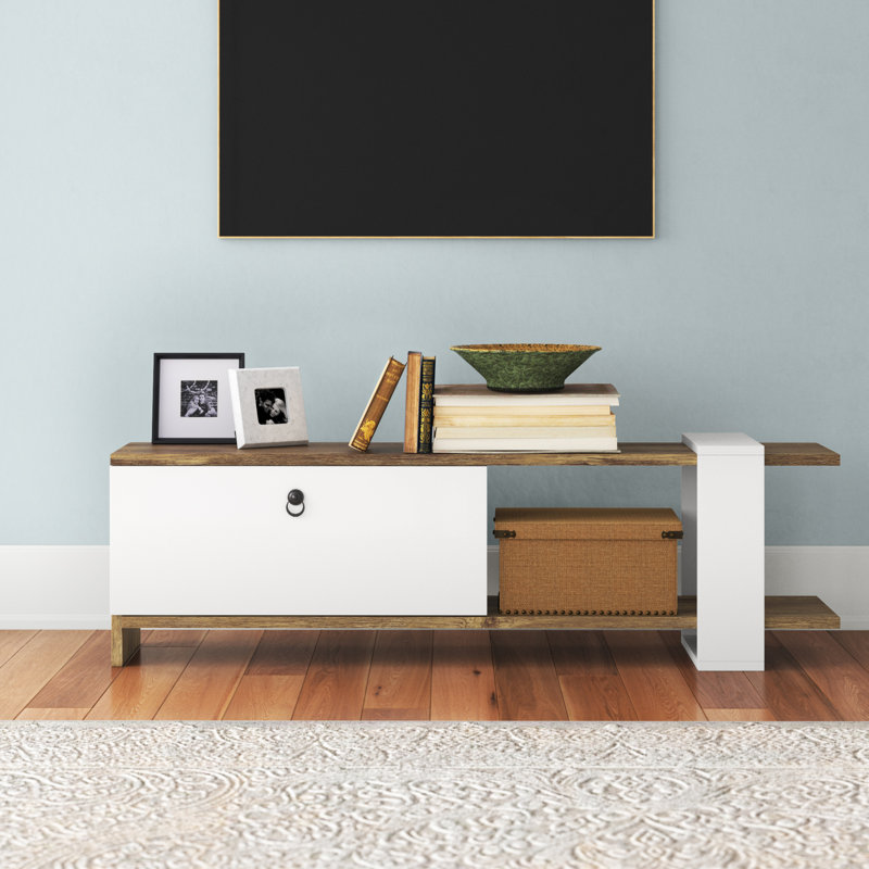 Modern TV Stand with Numerous Shelves, Walnut & White, 47.2 x 14.6 x 14.6 inches | 100% Melamine Coated Particle Board, Thickness: 0.7 inches | Stylish & Functional Storage for Living Room & Entertainment Spaces