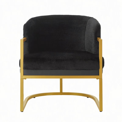 Luxurious Black Accent Chair, Faux Rabbit Fur, Modern With Gold Metal Frame For Home Or Office
