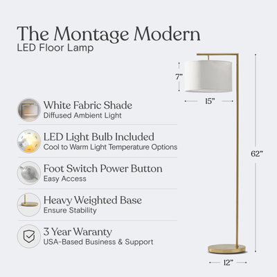 Montage Modern 60" Gold LED Floor Lamp with White Fabric Drum Shade, Bulb Included