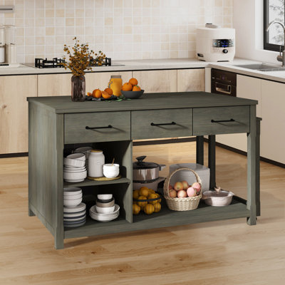 Multi-Functional Extendable Kitchen Island With Storage – Retro Design On Wheels With Built-In Power Outlets, Drawers, And Open Shelves by Gracie Oaks