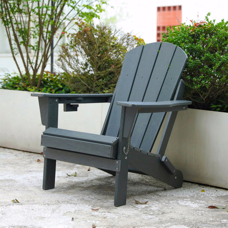 Outdoor Adirondack Chair, Foldable With Dual Cup Holder, Composite Material With Wood Texture, Gray, Gray