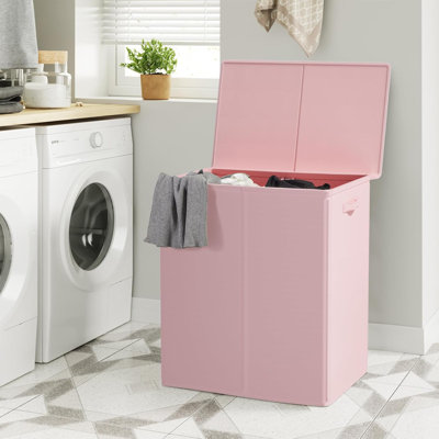 Panier à linge double 154L avec couvercle et sacs à linge amovibles, grand panier à linge pliable 2 paniers à linge pliables, rangement pour chambre, salle de bain, université, rose