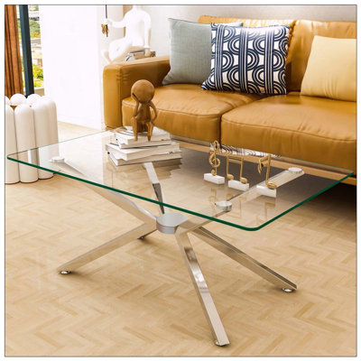 Table basse rectangulaire en verre trempé avec pieds en métal argenté (39,37 po)