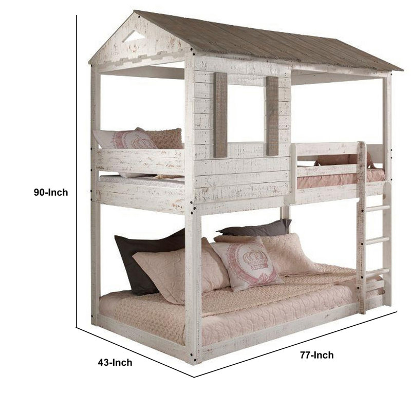 Aryn Kids Twin Over Twin Bunk Bed, White/Gray