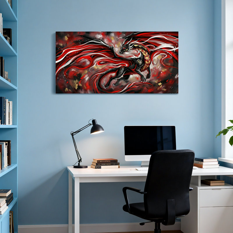 Animaux, dragon avec ailes rouges et noires, H 16 po x l 32 po