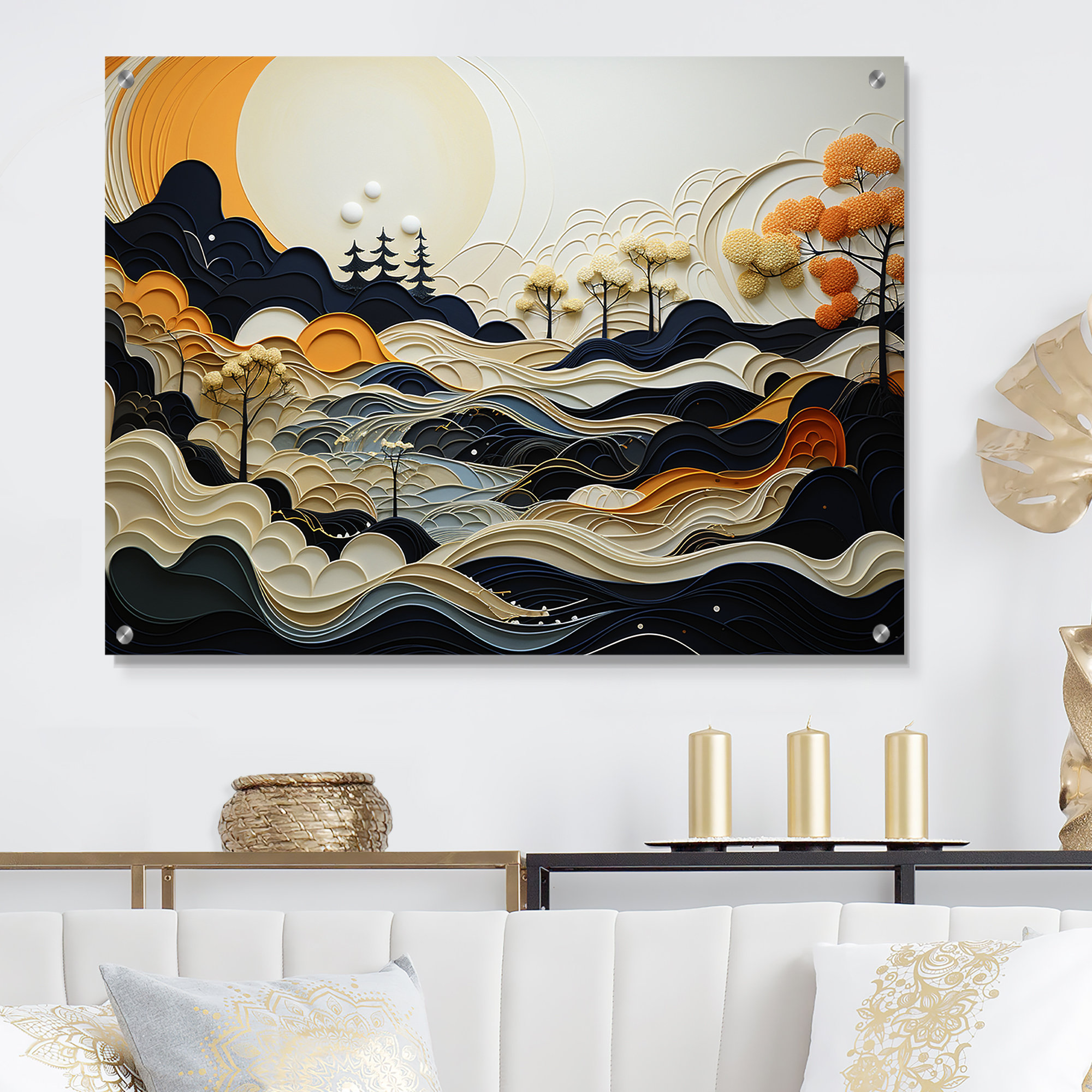 Design Art Grey Orange Line Art Landscape - Abstract Line Art Landscape ...