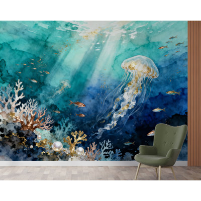 Jellyfish Restaurant Watercolor Wall Mural – Underwater Coral Peel Stick Decor Ocean Wall Decal, Fish Art Kids Room Or Nursery (Non-Woven) 997DRS