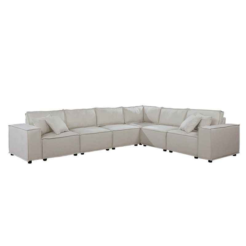 Derek 127.5" Modular Linen Sectional Sofa with Removable Backrest Cushions, Beige Linen 