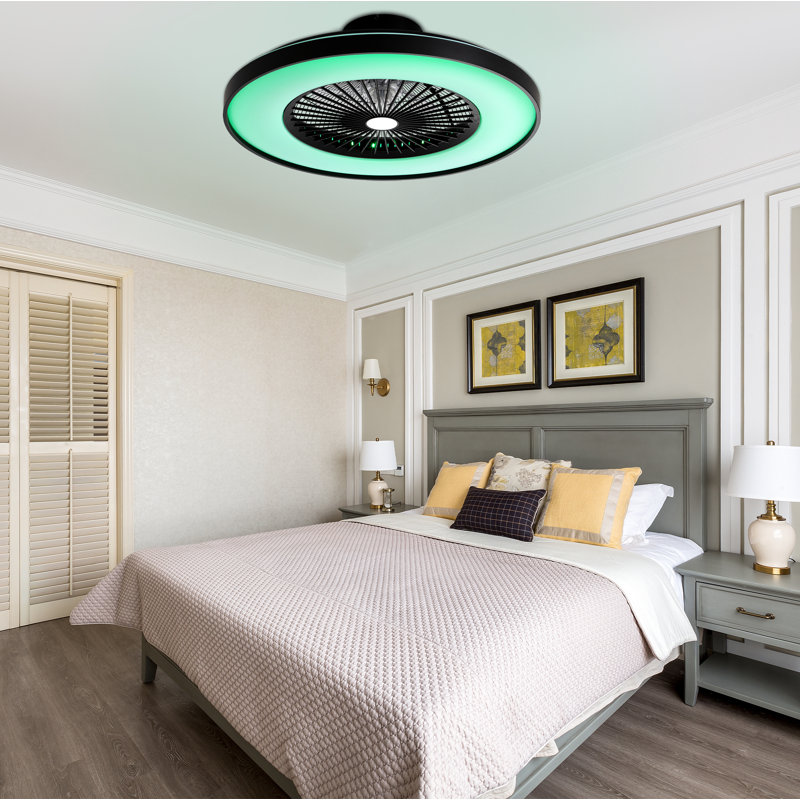 23 Inch Modern Low Profile Flush Mount Enclosed Smart RGB Ceiling Fan With Light And APP Control For Bedroom