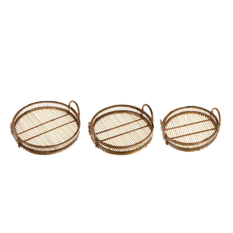 Set Of 3 Round Decorative Brown Bamboo Woven Trays With Handles