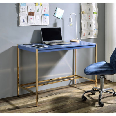 Bureau moderne avec base ouverte en métal, bleu marine et or, plateau en bois de 15 mm d'épaisseur, base dorée élégante et fabrication, l 14 po x L 40 po