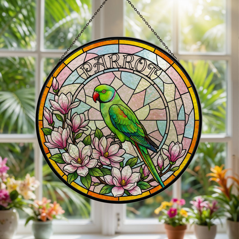 Vitrail de fenêtre en verre coloré 7,8 po H Parrot, H 7,8 po x l 7,8 po