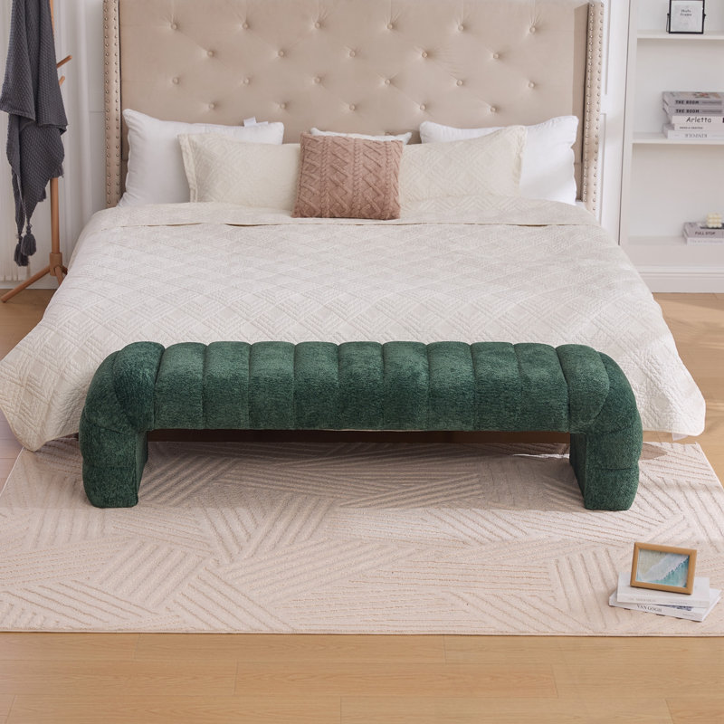 Chenille Upholstered Armless Bed Bench, Green