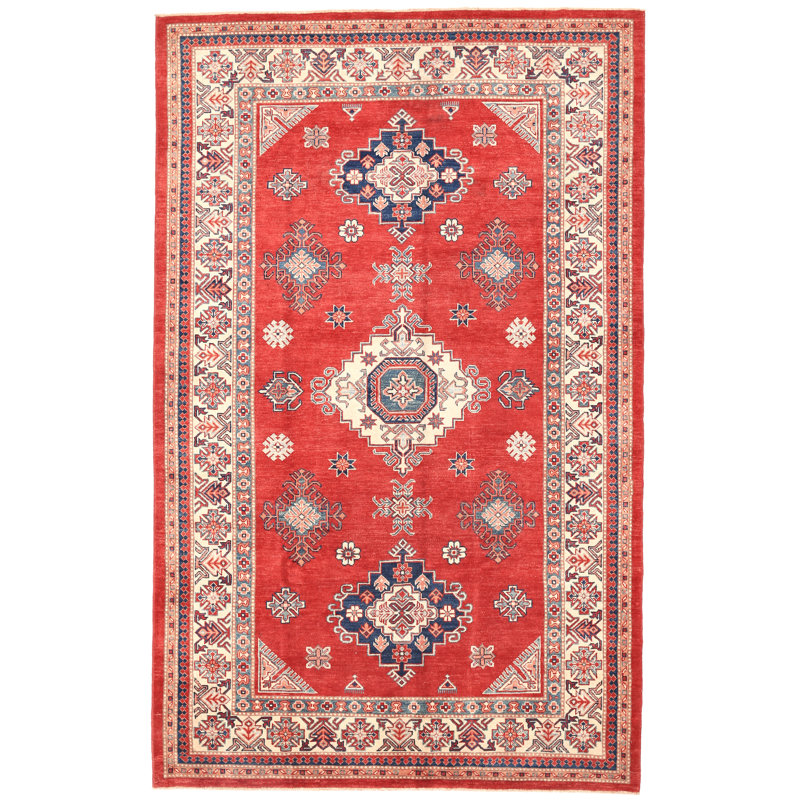 Tapis rouge / beige / bleu marine en laine noué à la main de conception unique 6 pi 3 po x 10 pi Tribal