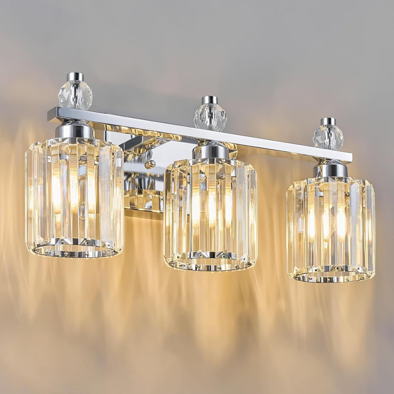 Luminaire de salle de bain moderne à 3 lumières avec abat-jour en cristal et à intensité variable pour une installation au-dessus d'un miroir