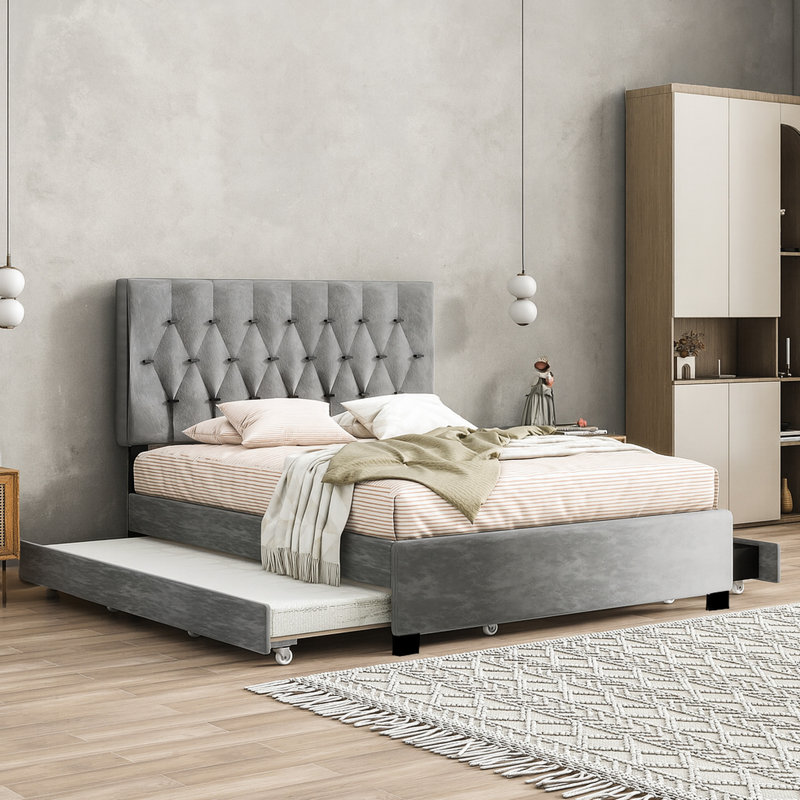 Queen Size Bed With Gray Trundle And 2 Drawers, Modern Style, No Box Spring, Gold Headboard, For Extra Space, Drawers Bedding, Velvet Upholstery Upholstered Design, Tufting, Guests, Storage, Solid