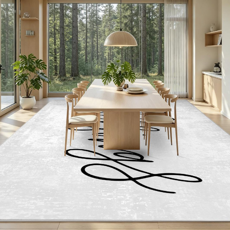 Tapis blanc à motif de lettres isolées à la main, Rectangle 79 po x 118 po