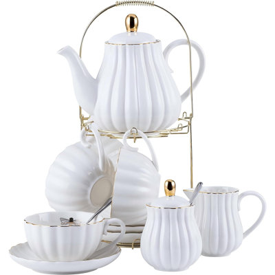 Service à thé en porcelaine - Ensemble de tasses à café / tasse à thé, soucoupe, cuillères, théière et pot à crème 8 oz (17 pièces, blanc)