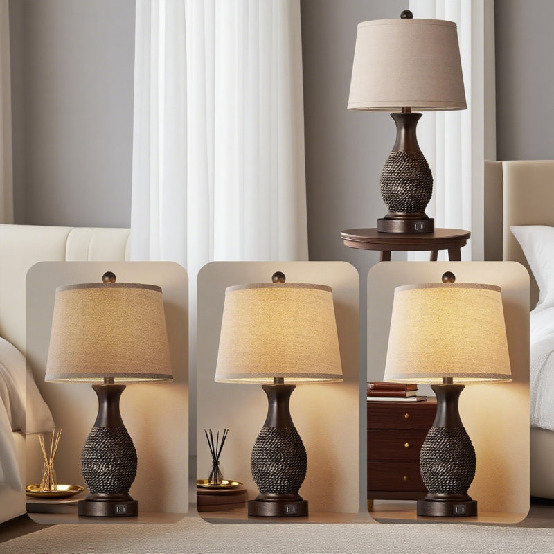 Ensemble de 2 lampes de table avec ports de charge USB, lampes de chevet à intensité variable à 3 voies avec abat-jour en lin et ampoules à DEL incluses