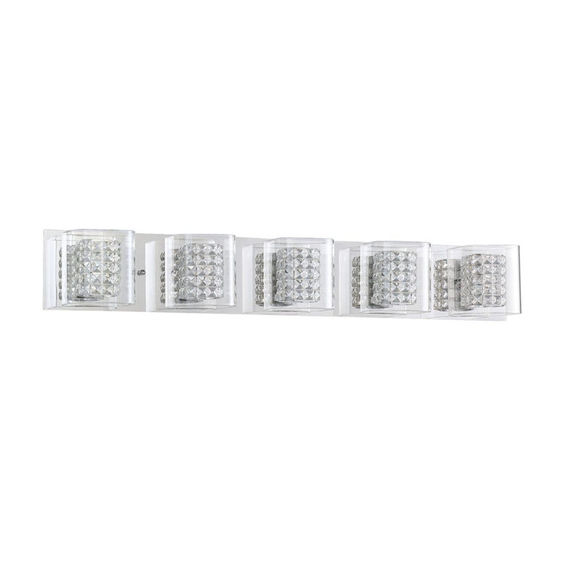 Élégant luminaire de salle de bain chromé à 5 lumières avec cristaux optiques pour un décor de salle de bain luxueux