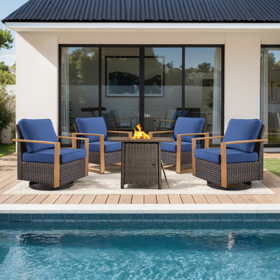 Drazen 4 - Person Patio Furniture Set With Fire Pit Table, All-Weather Wicker Outdoor Conversation Set With Chair And Thick Cushions