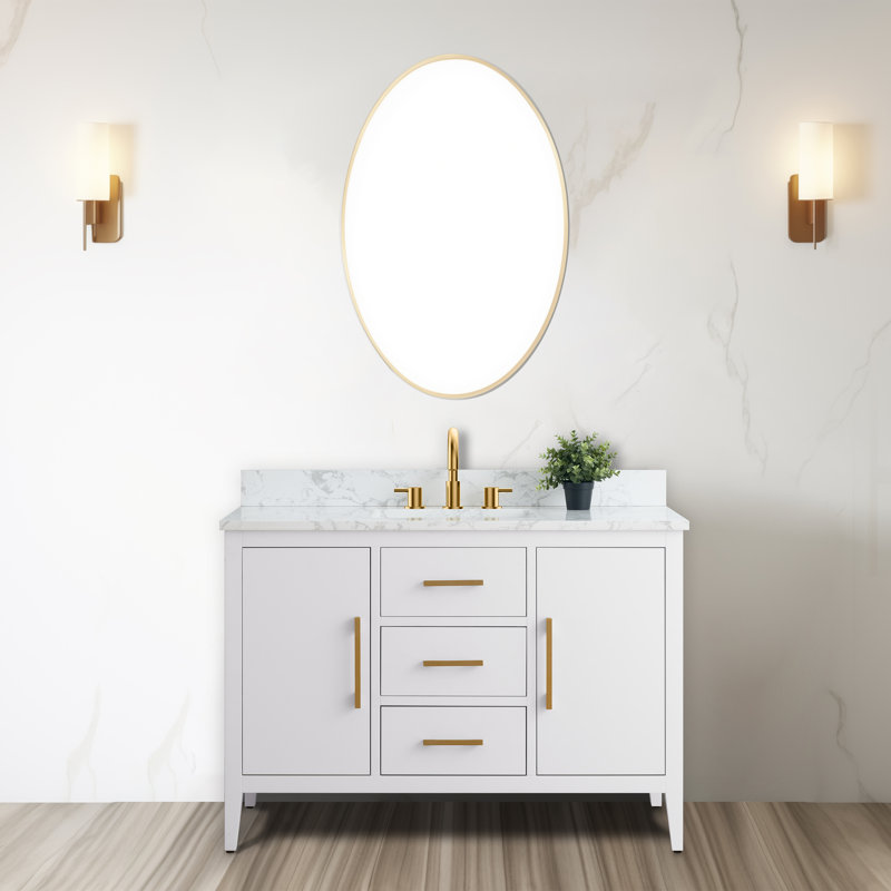 48'' Single Bathroom Vanity with Engineered Marble Top, Golden Brushed, White