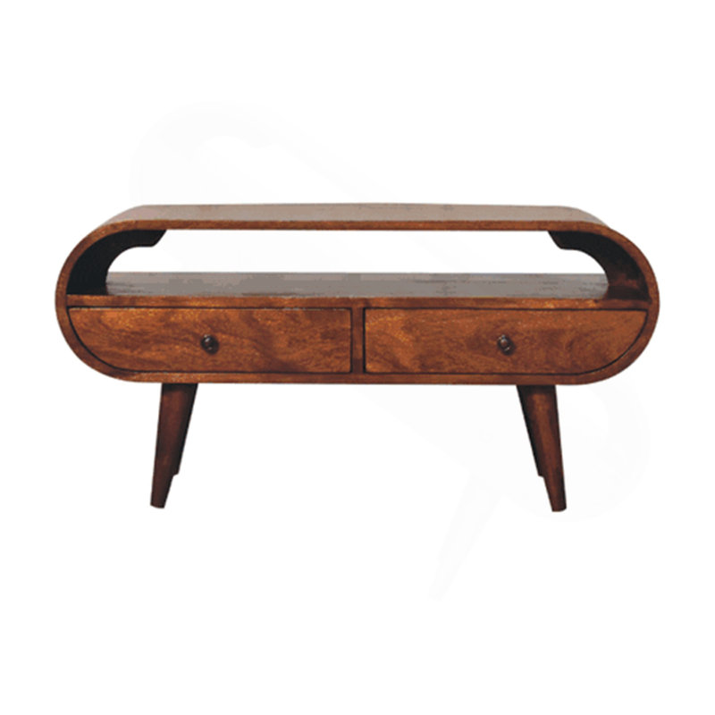 Chestnut Circular TV Stand, 2-Drawers, Open Slot, Nordic Legs, Brown