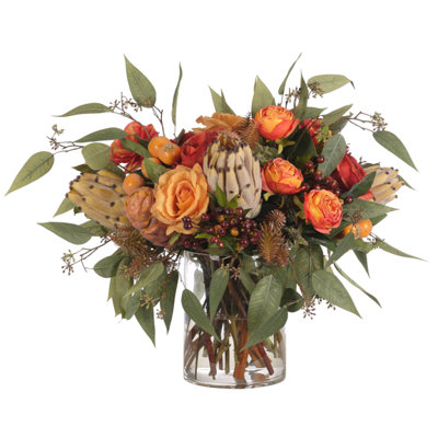 Rose Protea, Orange Yellow, Glass Cylinder, 22wx22dx18h