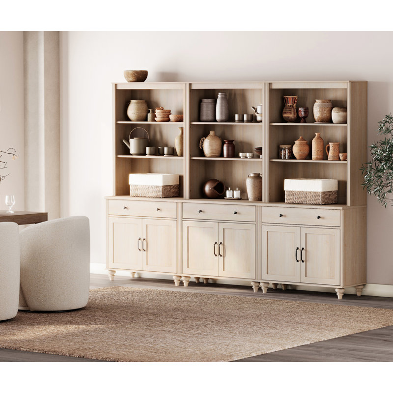 Scarlett Sideboard Cabinet With Bar Hutch, Farmhouse Sideboard Credenza For Dining Room, Modern Buffet Cabinet, Large Storage Cabinet With Wood Doors And 5 Tier Shelve, Beige, 102"