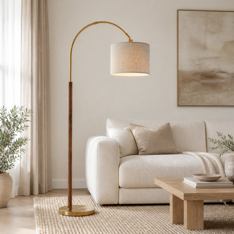 71" Arched Floor Lamp, Walnut Solid Wood Pole with 3 Color Temperature LED Bulb