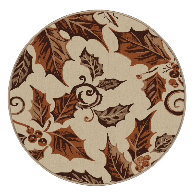 Tapis damassé classique parrilla Holly lavable à la machine en brun - reliure beige, Rond 4 pi