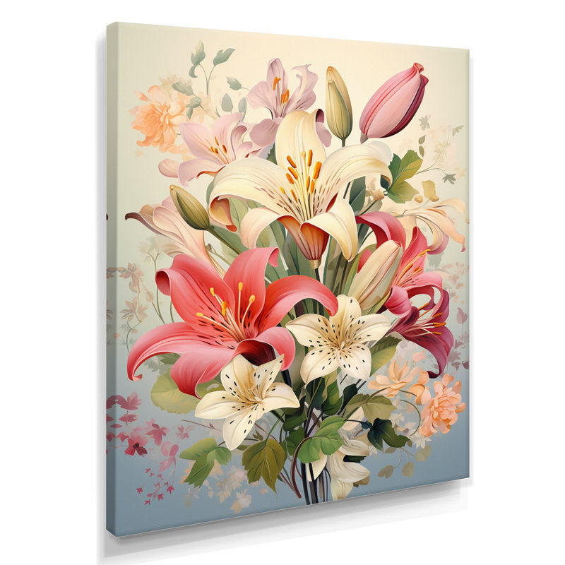 Bouquet de fleurs de lys roses et rouges - art mural Lily, Toile tendue, H 20 po x l 12 po