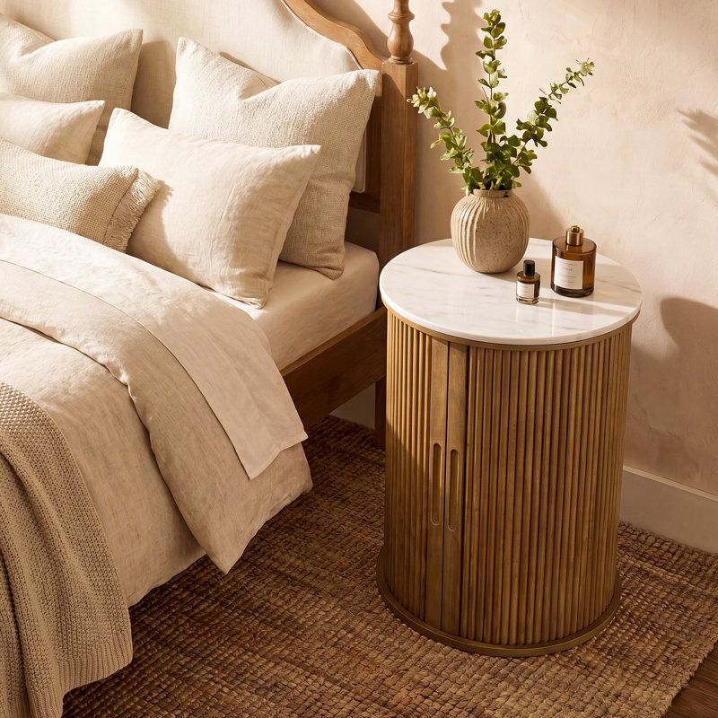 Round Drum Accent Table With Sintered Stone Top & Fluted Base