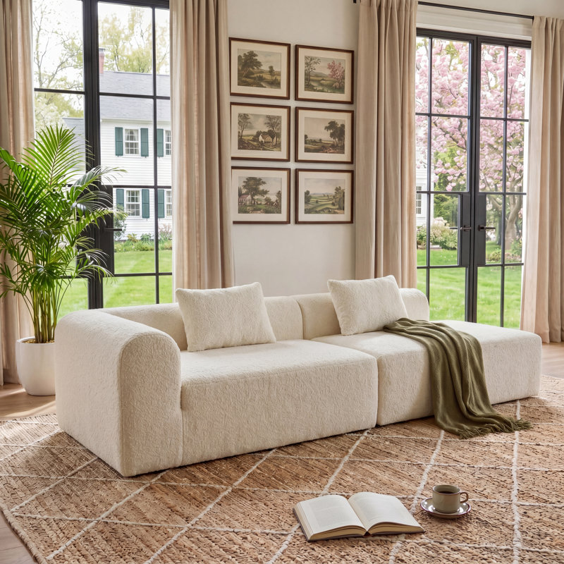 Méridienne intérieure à compression modulaire 59 po, lit de jour rembourré sans assemblage avec ressorts ensachés et coussin pour le salon, partie modulaire pour canapé modulaire beige