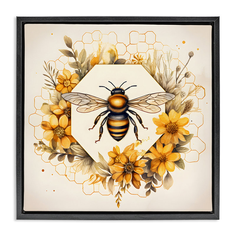 «Hexagon Bee Wreath», art mural encadré flottant par Petal Prints Design, Cadre flottant noir de jais, H 18 po x l 18 po