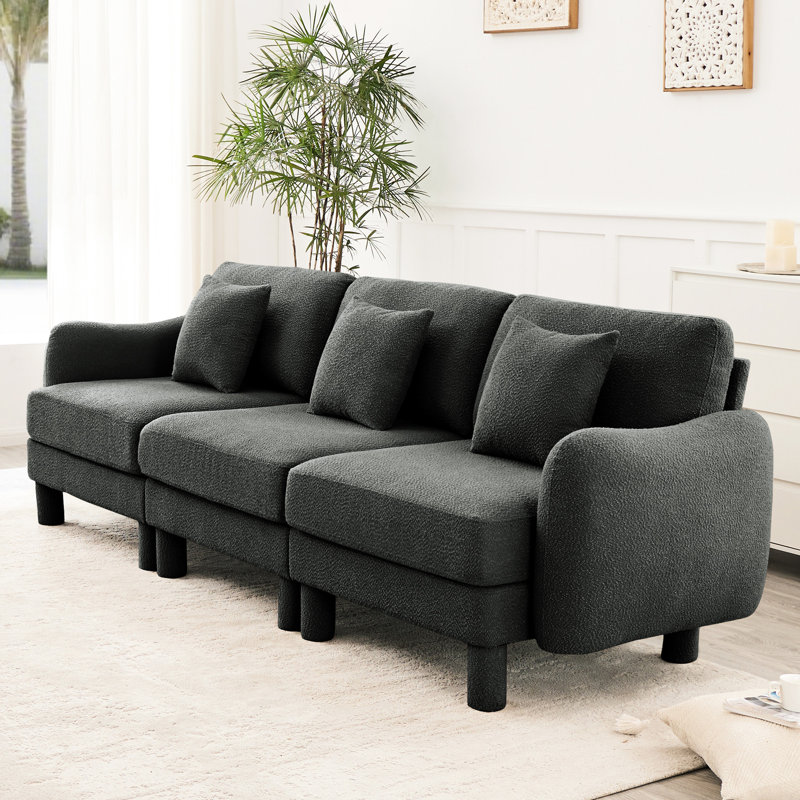 3 tissu bouclé gris foncé avec des pieds cylindriques en forme de coquillage et auto-enveloppés, un style moderne pour la décoration intérieure, une structure en bois solide, un tissu d'ameublement doux et relaxant